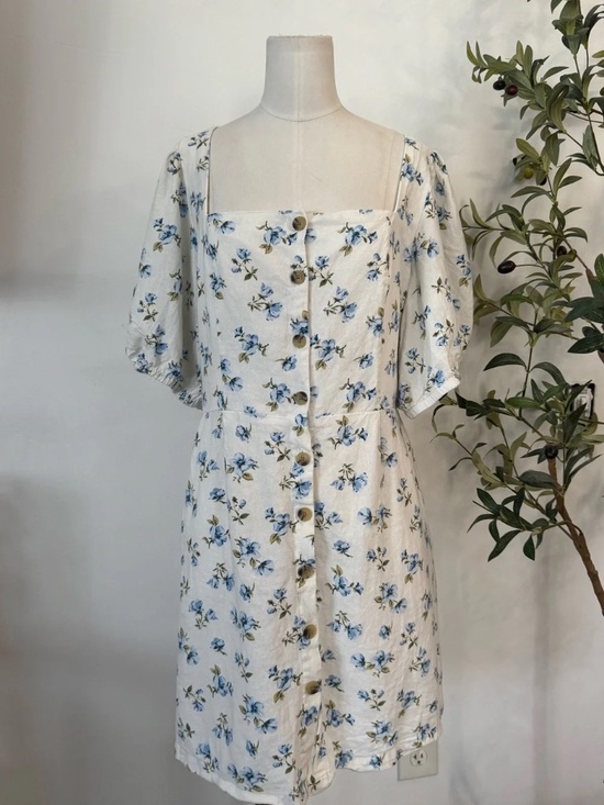 Old Navy Dresses & Skirts - Old Navy Blue Floral Linen Blend Mini Dress XL Cottagecore Puff Sleeve Dress